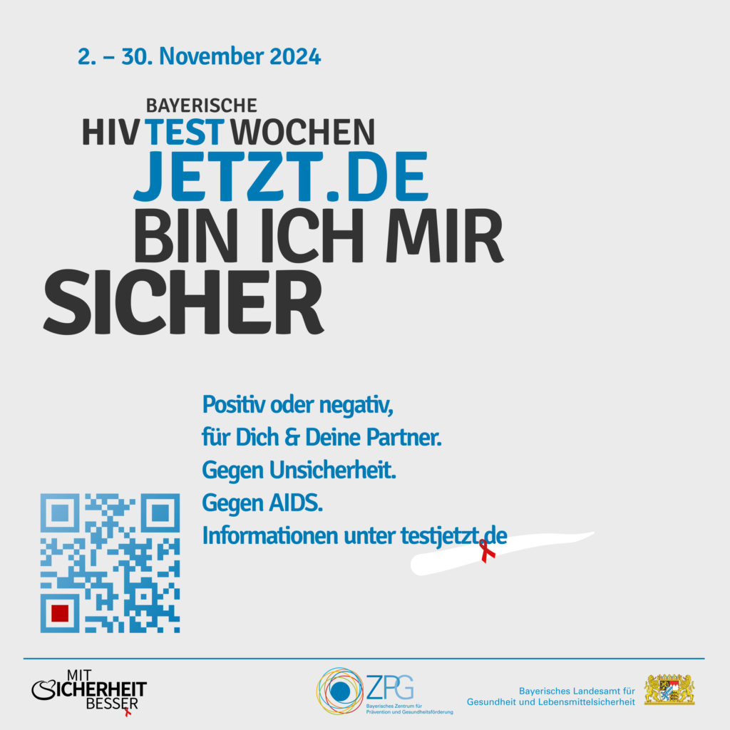 Die Înfo-Seite der Bay. HIV-Testwochen Postkarten: Positiv oder negativ, für Dich & Deine Partner. Gegen Unsicherheit. Gegen AIDS. Informationen unter QR-Code auf testjetzt.de